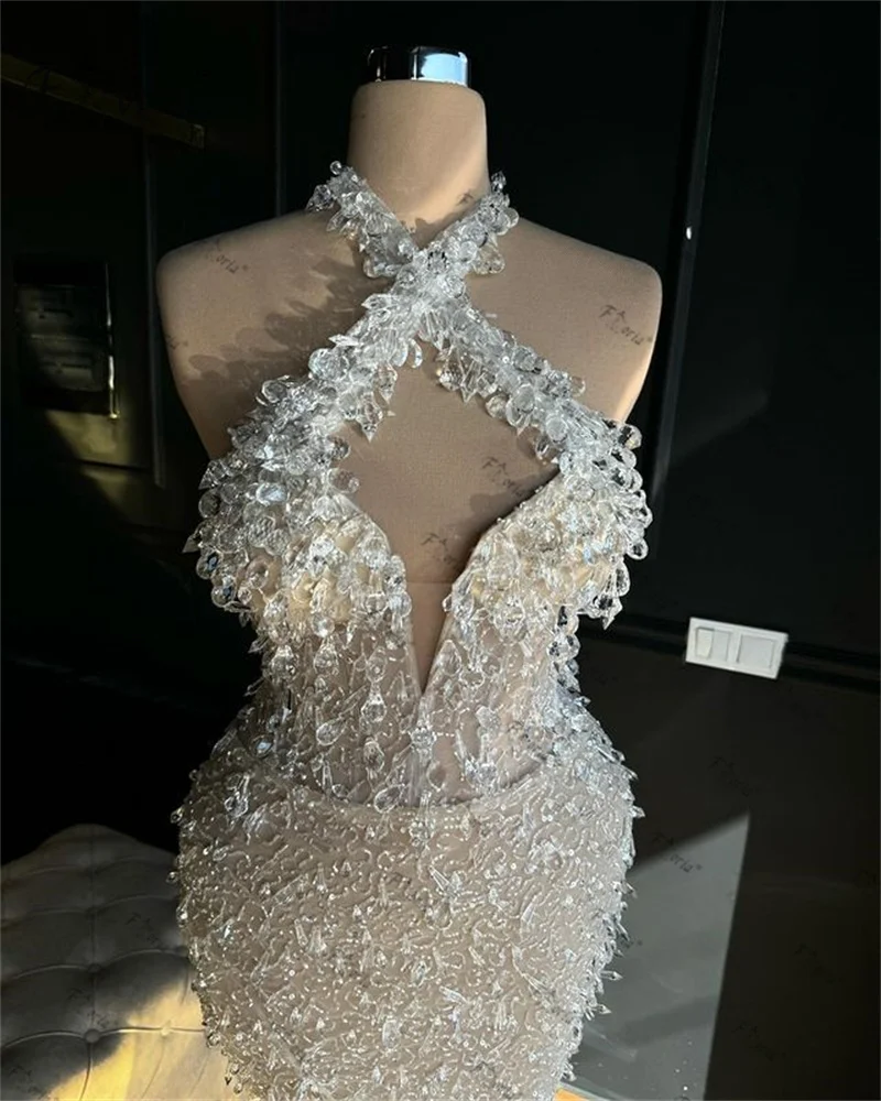 Elegante abito da festa a sirena senza maniche Champagne trasparente cristalli fessura abiti para eventos speciali abiti da sera lunghi da sera