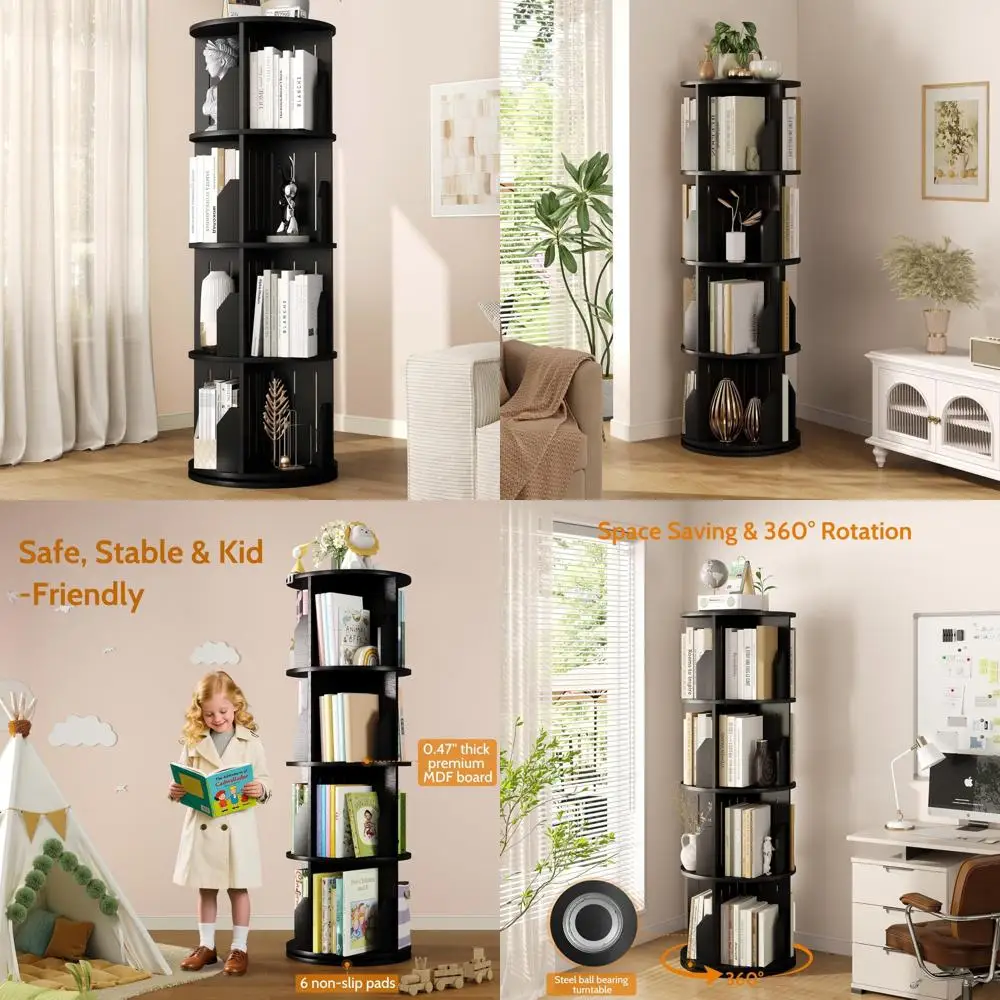 4-Tier Corner Swivel Bookshelf Tower - 360° Rotating Storage for Books, Vertical Lazy Susan Shelf