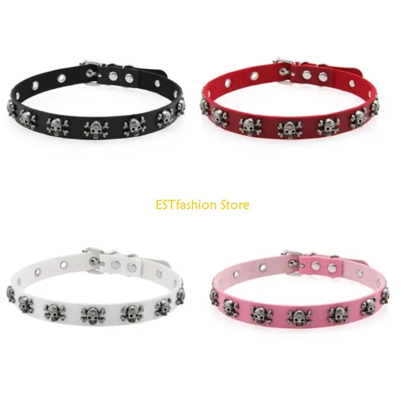 

Y5GC Skull Charm Leather Choker Soft PU Collar With Metal Gothic Unisex Adjustable Necklace For Daily Wear