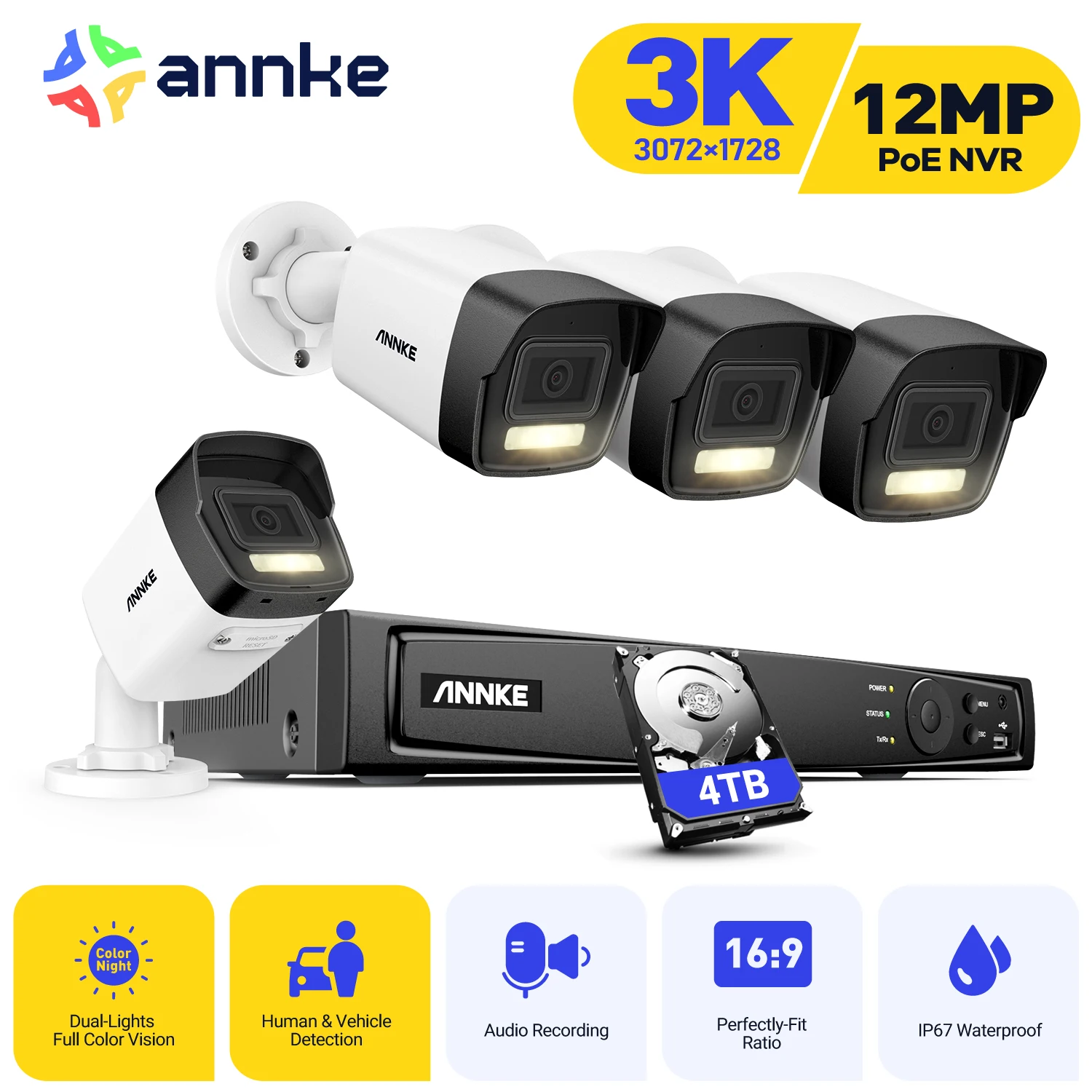 ANNKE-ビデオ監視システム,スマートセキュリティカメラ,デュアルライトカラー,暗視,モーション検出,リモートアクセス,8チャンネルpoe