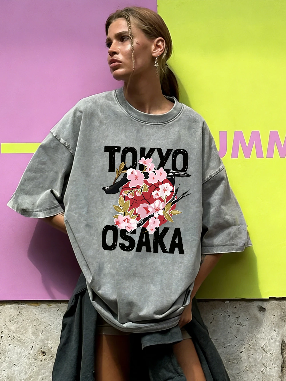 Tokyo Osaka Cherry Blossom Washed T-Shirts Womens Cotton Oversized T Shirt Casual Soft Short Sleeve Tops Summer O-Neck Clothes