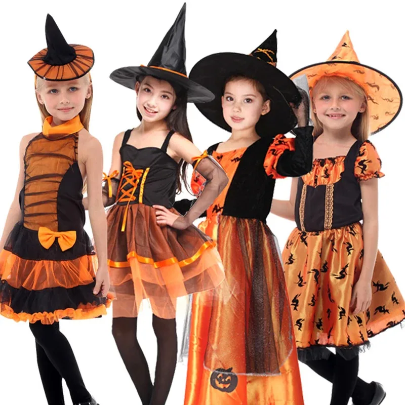 

Girls Halloween Pumpkin Cosplay Witch Costumes Dress with Headwear Trick or treating Party Dress Up Kids Fancy Clothes
