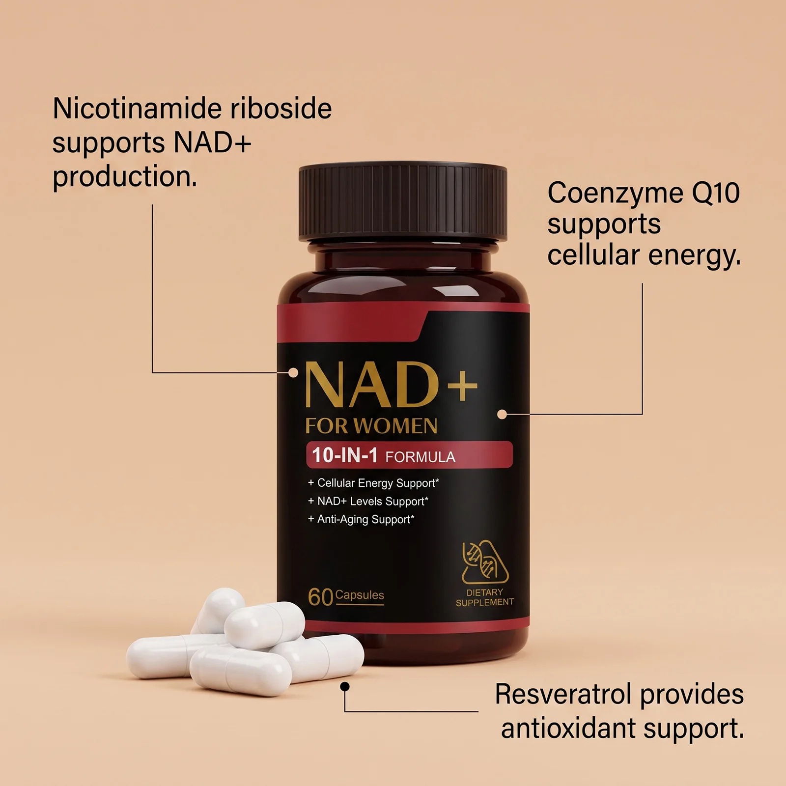 Women NAD+ Cellular Revitalizing Capsules Support Blood Circulation Healthy Aging Antioxidant Boost Body Energy Oral Supplement