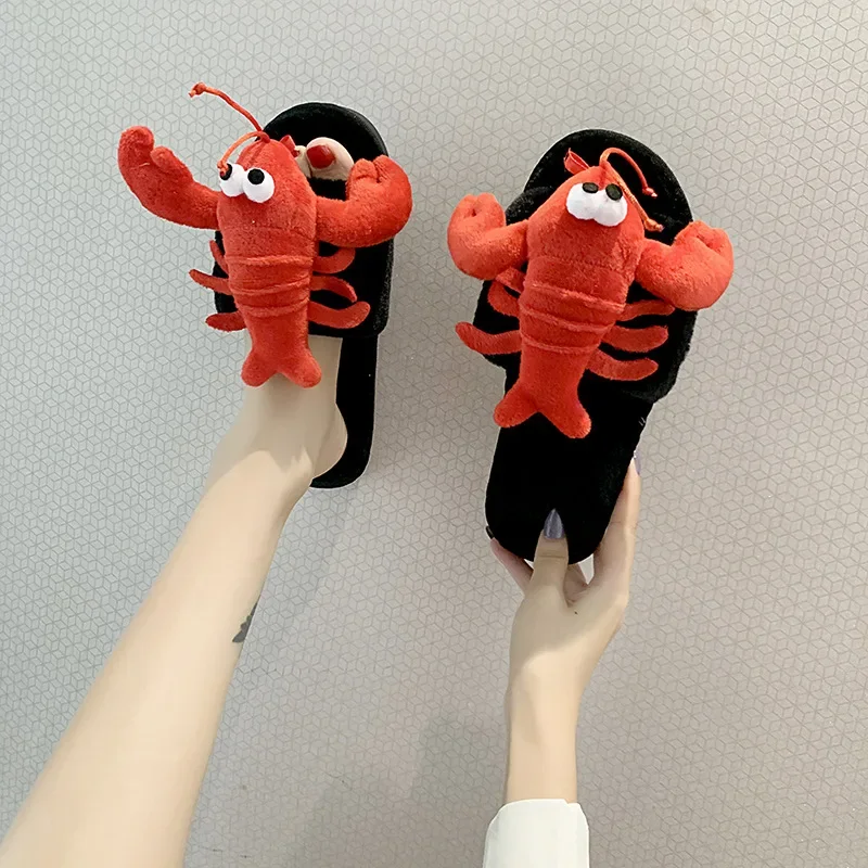 Winter New Personality Flat Lobster Crab Slippers for Women Warm Plush Non-slip Slides Indoor Floor House Funny Shoes 2023