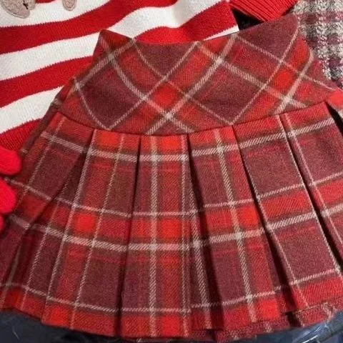 2024 Girls Short Skirt Woolen Autumn and Winter New Children Wear Checkered Half Skirt Fashionable Children Pleated Skirt