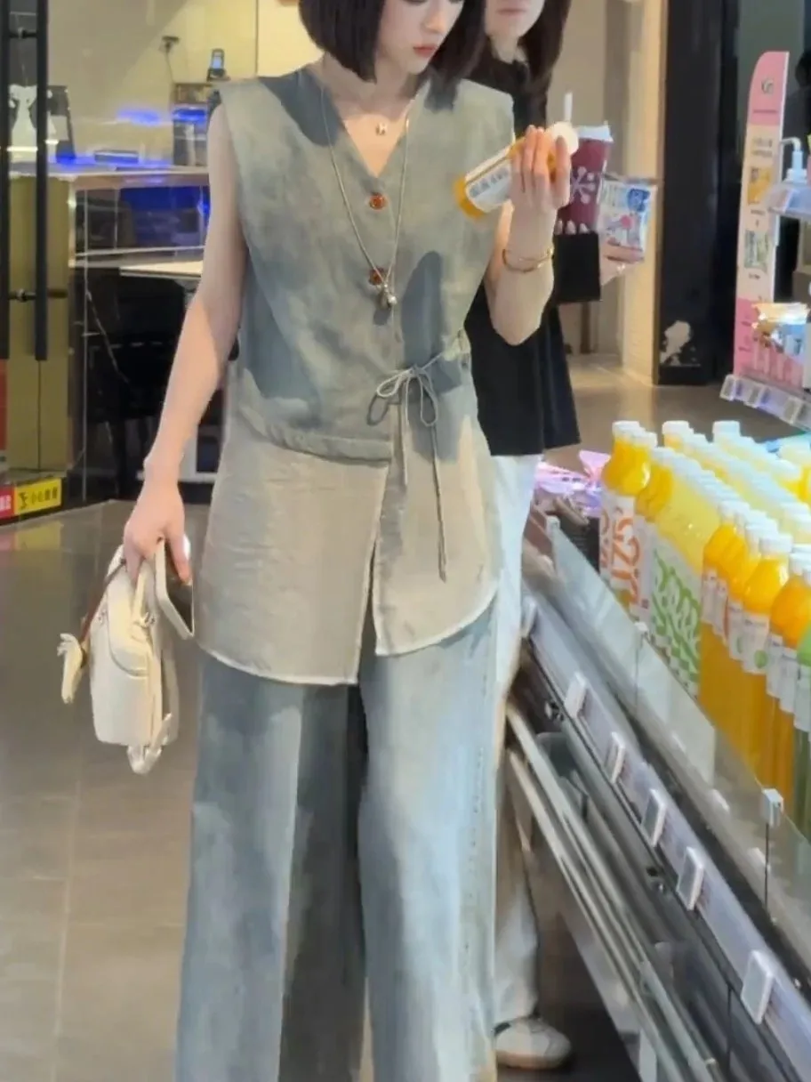 

Slimming V-Neck Denim Jacket And Wide Leg Pants Two-Piece Set for Women Summer 2026 Korean Style Asymmetrical Design