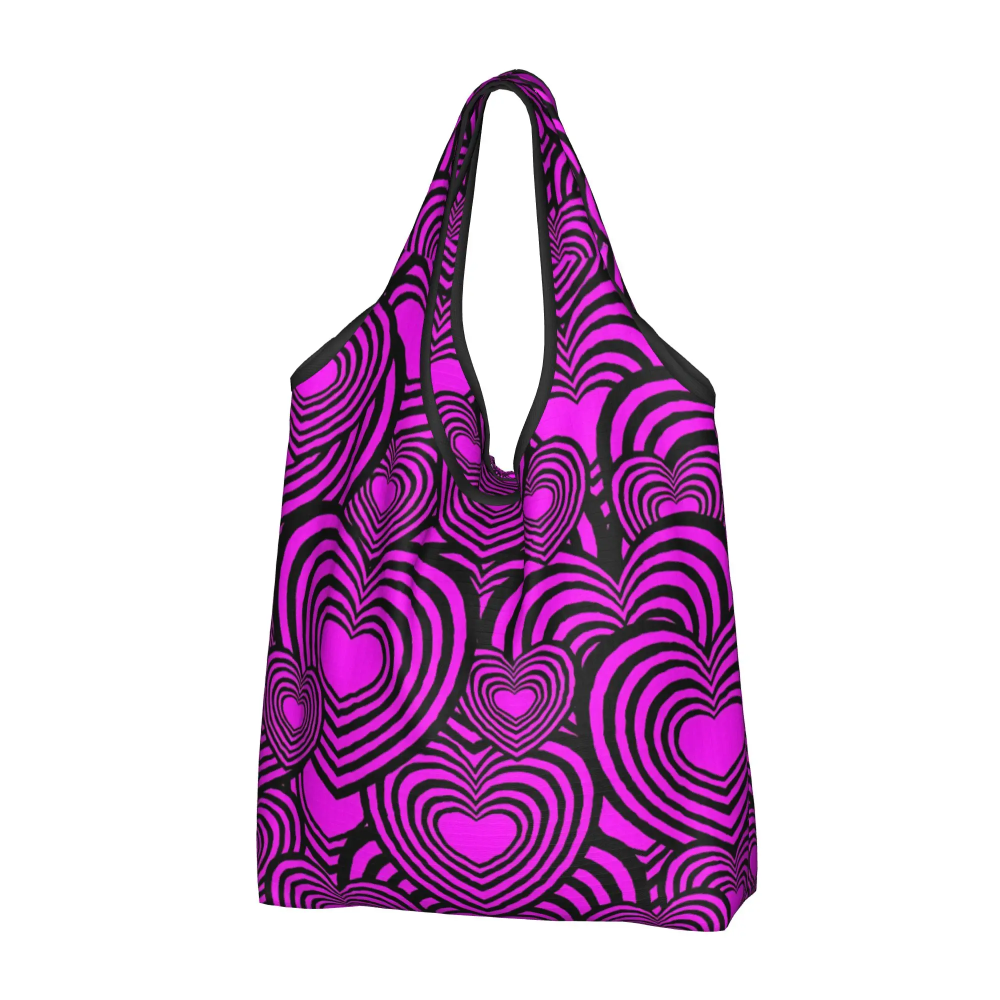 Fashion Op Art Overlapping Concentric Hearts Shopping Tote Bag  Hypnotic Psychedelic Striped  Grocery Shopper Shoulder Bag