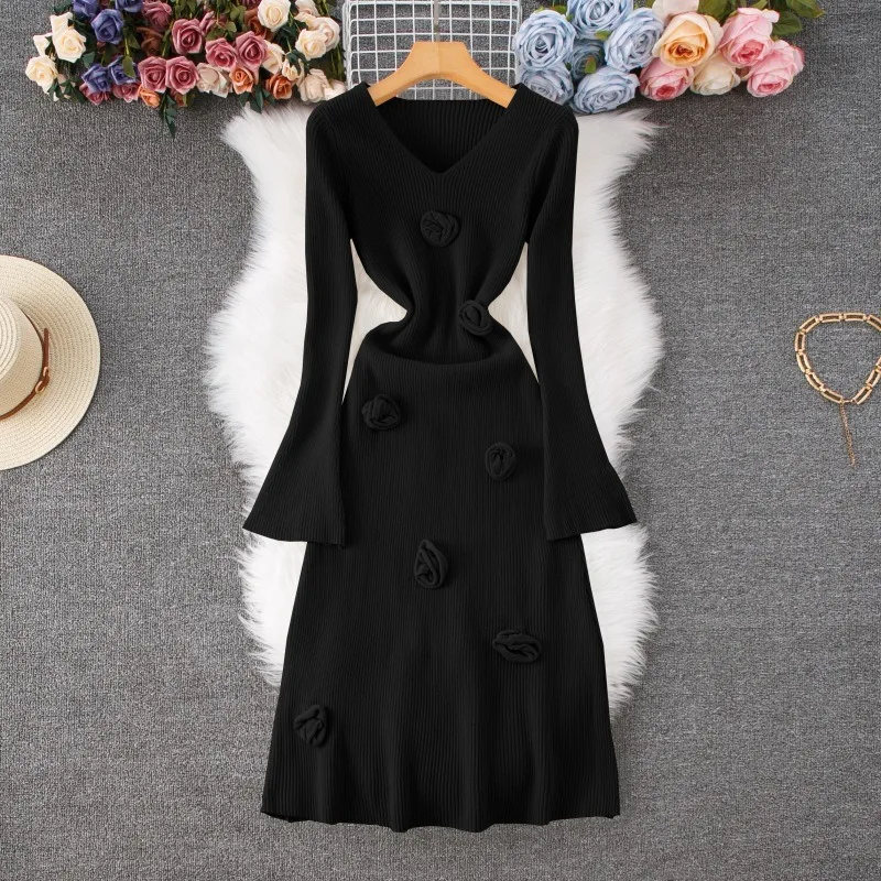 YuooMuoo Brand Fashion 3D Flowers Knitted A-line Long Dress Autumn Winter V-neck Long Sleeve Women Dress Korean Party Vestidos