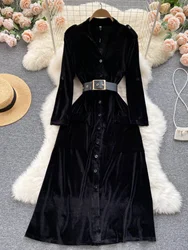 Autumn Winter Thickened Gold Velvet Dress Women Long Sleeve Pencil Vestidos Belt Single Breasted Office Lady Midi Robe Black
