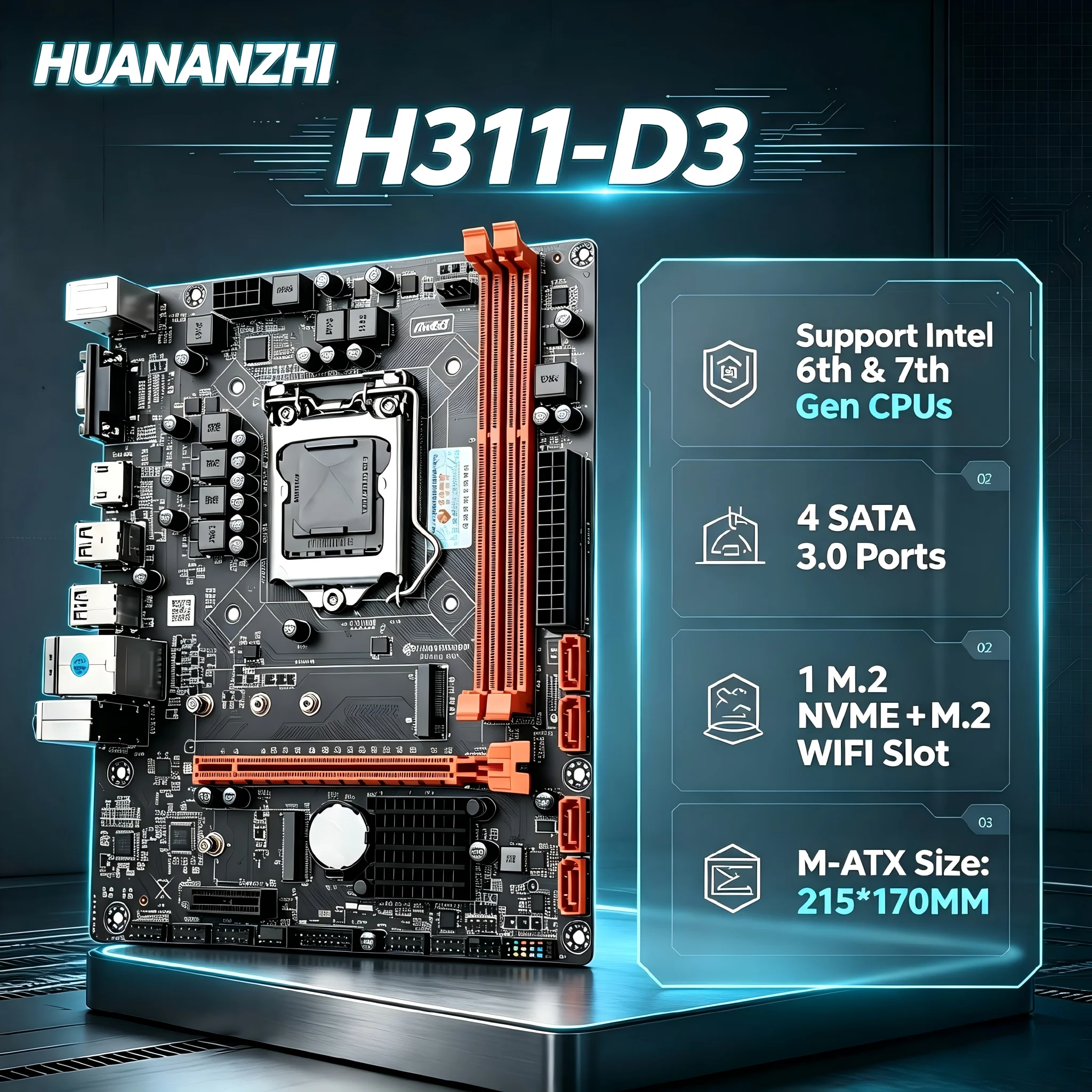 HUANANZHI H311 D3 Motherboard LGA 1151 Support Intel Core i3/i5/i7 6th/7th/8th/9th CPU DDR3 Memory 16G M.2 WIFI TPM2.0 Gaming