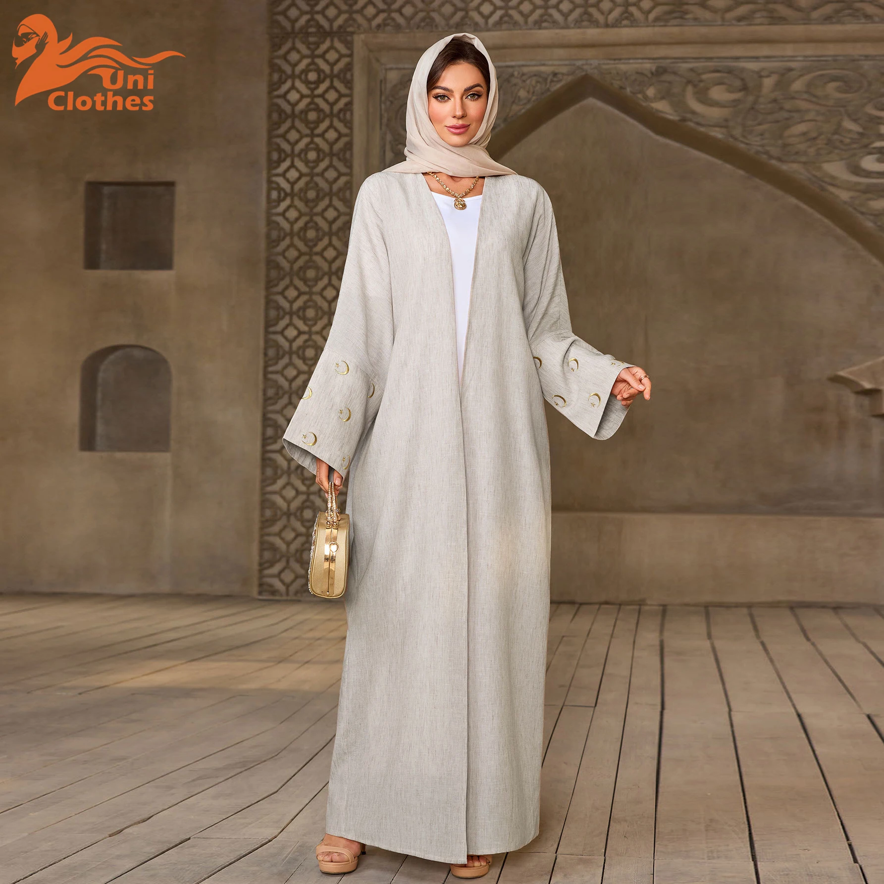 

UNI EID лунный узор вышивка льняная открытая Абая Дубай новая мода кимоно с рукавами «летучая мышь» исламская одежда женское мусульманское платье