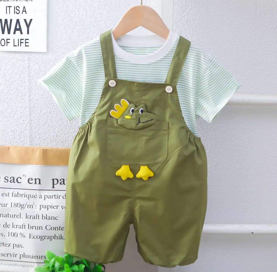 

Infant Summer Outfits Korean Style Clothes for Baby Kids Striped Short-sleeved T-shirts and Cartoon Overalls Two Piece Boys Sets