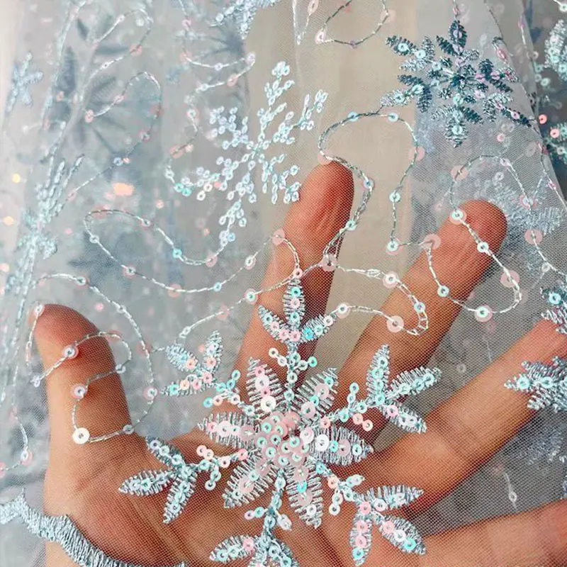 

1/2/3yard Snowflake Sequin Embroidery Mesh Fabric Blue/Pink Tulle DIY Women's Skirt Dress Children Clothing Sewing Fabric