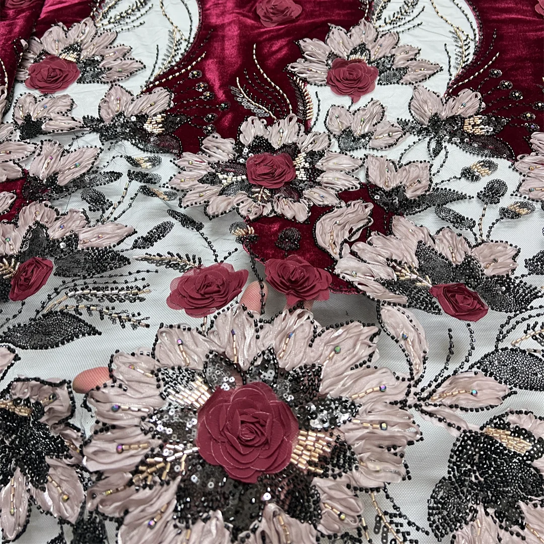 バーガンディアフリカレース生地ベルベットフローラル刺繍高品質 - Embroidery Ai のレビューと価格