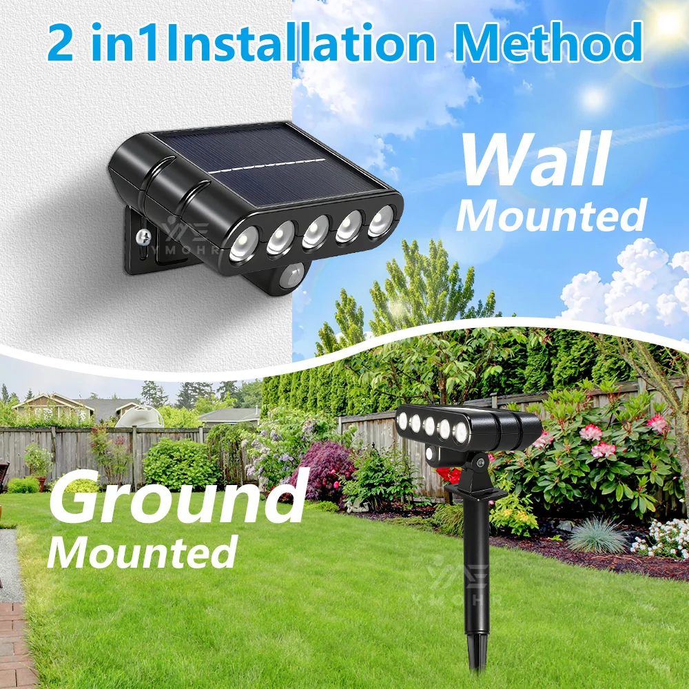 Faretti solari da 5 LED da giardino impermeabili IP65 applique da parete luminosità regolabile per l'illuminazione esterna della decorazione del prato del vialetto del cortile