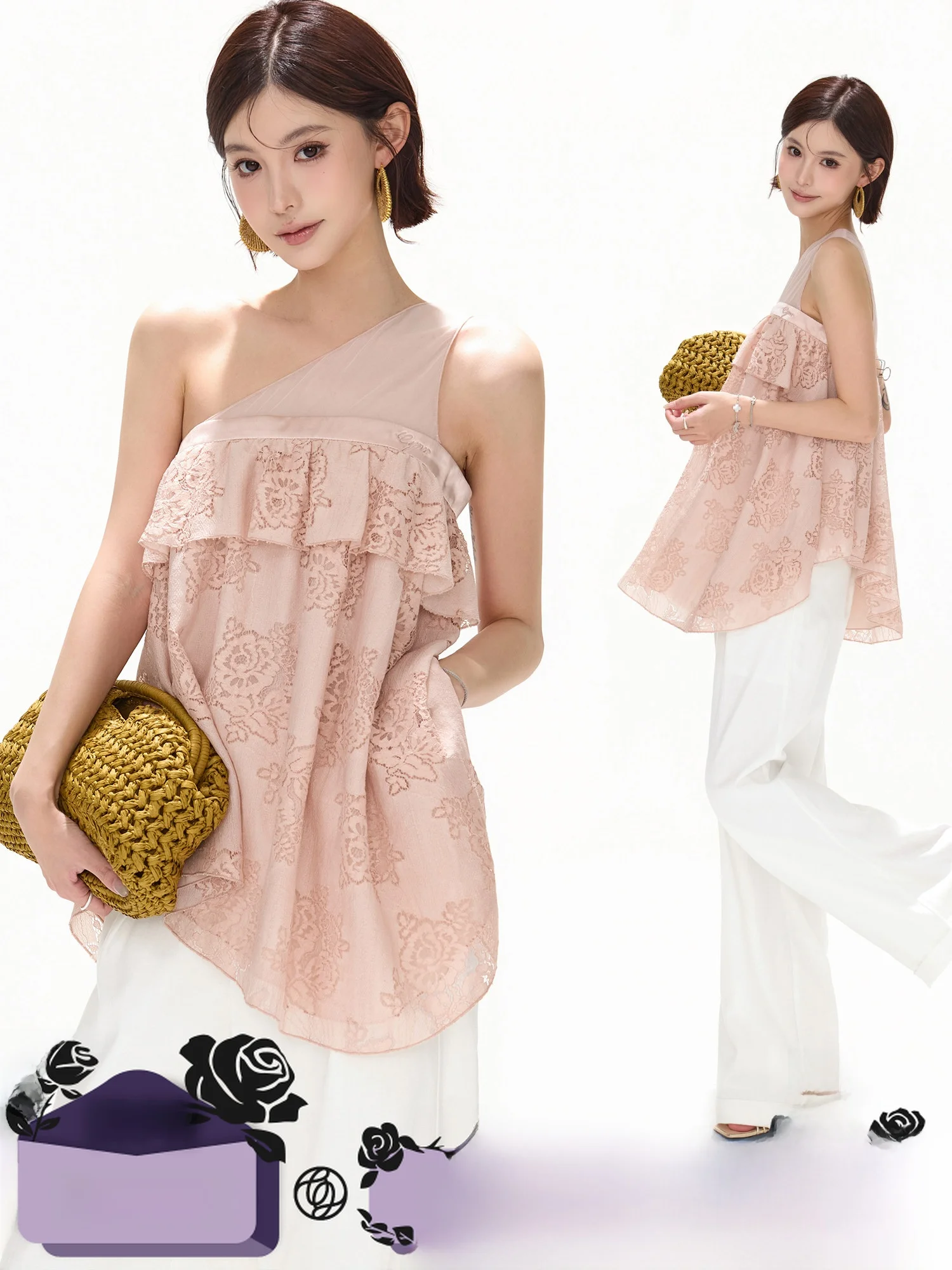 

Женский топ CYNR Original Design Pure Desire Lychee Mountain Pink с кружевом, вышивкой розами, асимметричный, без рукавов, на одно плечо