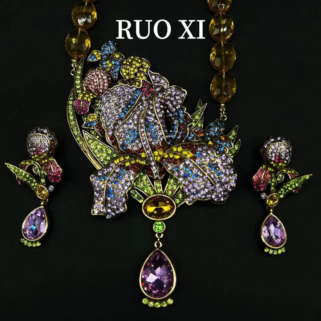 Ornament Vintage Purple Pearls Lavender Violet Light Luxury Heavy Industry Necklace and Earrings Suite