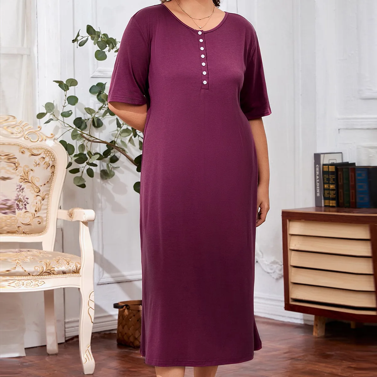 

Spring And Summer Women's Clothes, Pajamas, Short Sleeved Button Round Neck, F Imitation Cotton Home Casual Long Nightgown