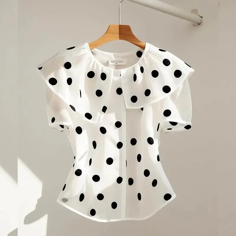 Korean Elegant Red Polka Dot Shirts for Women Office Lady Tops Summer French Fashion Ladies Tops Short Sleeve Blouse for Women