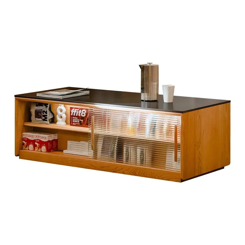 طاولة القهوة لغرفة المعيشة، أرضية من الخشب الصلب، طاولة شاي، خشب الكرز، بلاطة صخرية منزلية يابانية، طاولة شاي صغيرة مزدوجة الغرض #1