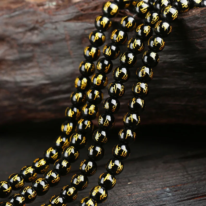 Diffone 6/8/10/12mm Natural Obsidian Stone For Jewelry Making Buddhist Scriptures Black Smooth Loose Beads DIY Bracelet Necklace