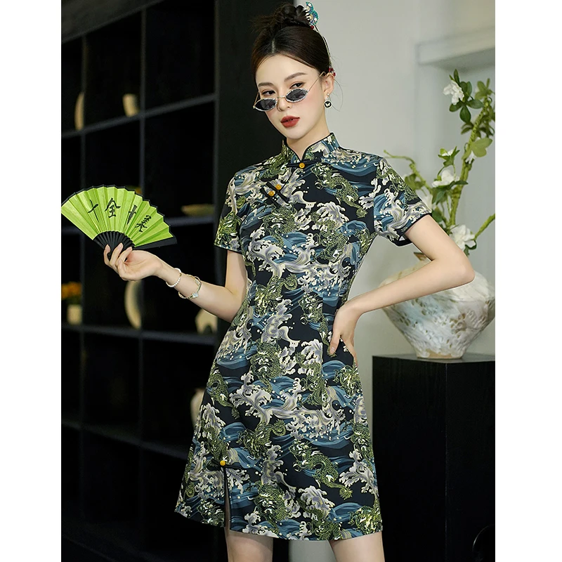 

The Dragon Soars Across The Four Seas Print Cheongsam 2025 Women's Modern Vintage Dress Qipao Chinese Style Tops Party