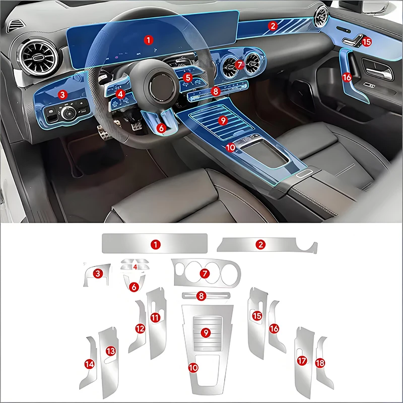 For Mercedes Benz A-Class AMG A35 A45 2024-2025 LHD Precut TPU Interior Protective Film Console Dashboard Door Navigation Anti-S 4