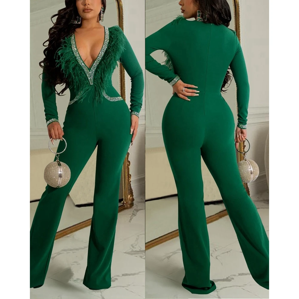 Women Elegant Tassel Rhinestone Decor Deep V-Neck Jumpsuits Lady Long Sleeve Party One-Piece Straight Leg Jumpsuit Outfit