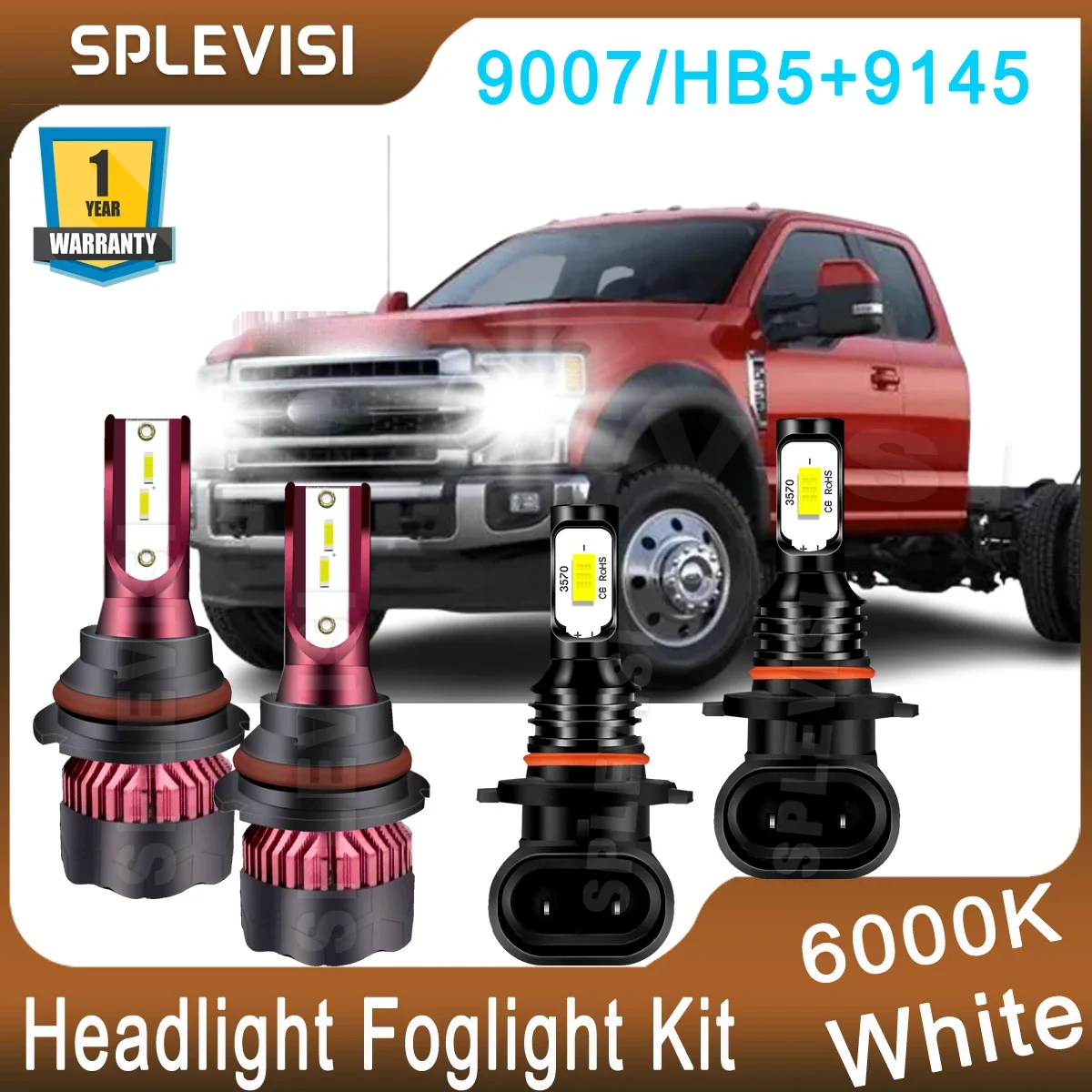 4x LED Headlight 9007/HB5+LED Foglight 9145/H10 Pure White For Ford F-250/F-350/F-450/F-550 Super Duty 2001 2002 2003 2004