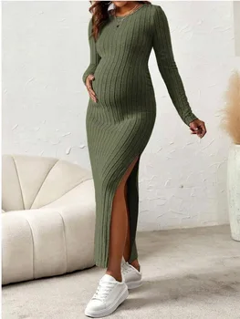 Herbst Winter Mutterschaft Frauen Langarm Kleider Premama Rundhals ausschnitt sexy Schlitz gestrickt lange Freizeit kleid neue schwangere Kleidung