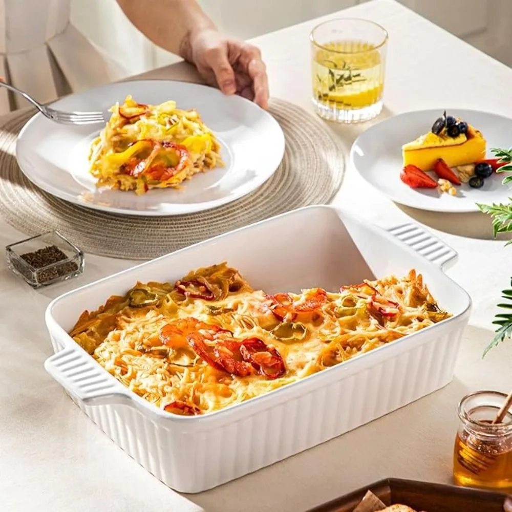 

Multipurpose Rectangular Ceramic Baking Tray Stripe Pattern Deepened Baking Dish With Handle Lasagna Pan Oven