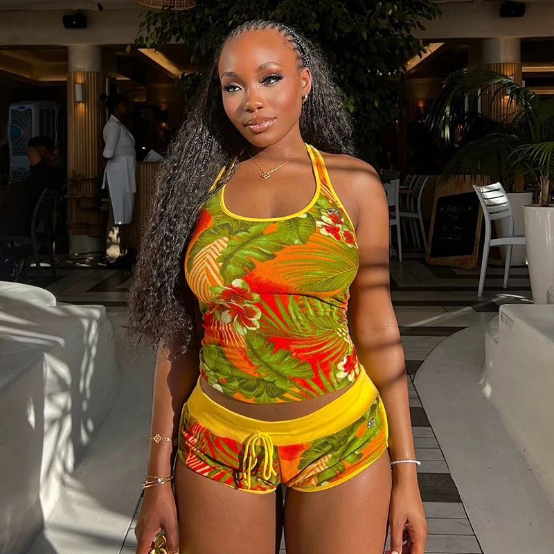 CUTENOVA 2025 Summer New Sexy Hanging Neck Color Collision Printed Top + Drawstring Super Short Pants Set Hottie Girl Sets