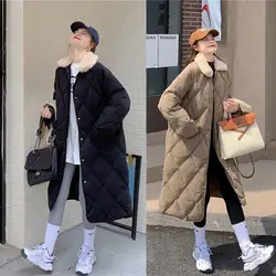 Pelz Kragen Oversize Raute Muster Lange Parkas Tasche Weibliche Warme Lange Baumwolle Mantel Einreiher