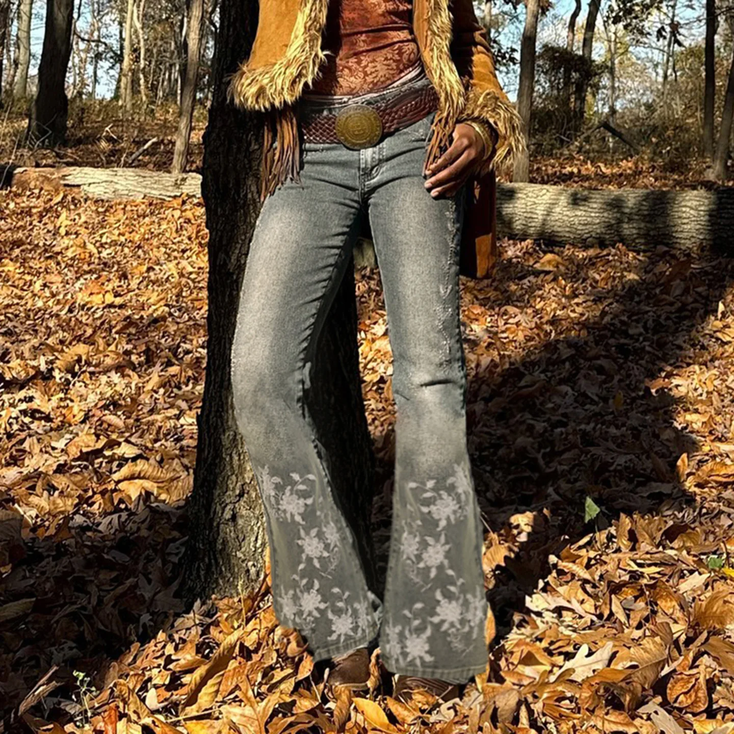 

Ретро джинсы с вышивкой, выцветшие, с низкой посадкой, повседневные, в уличном стиле, зауженные, расклешенные брюки для женщин из денима синего цвета