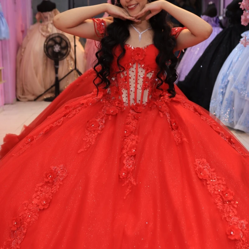 Red Shiny Quinceanera Dresses Ball Gown Off The Shoulder Applique Flower Beading Crystal Tull Corset Party Birthday Sweet 16