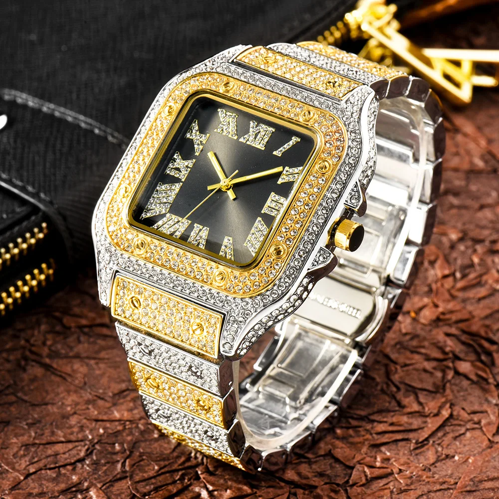 Fashion Iced Out Square Dial Wrist Watch Quartz Men's Watch High Quality Classic Jewelry For Gift Top Business Brand Watch