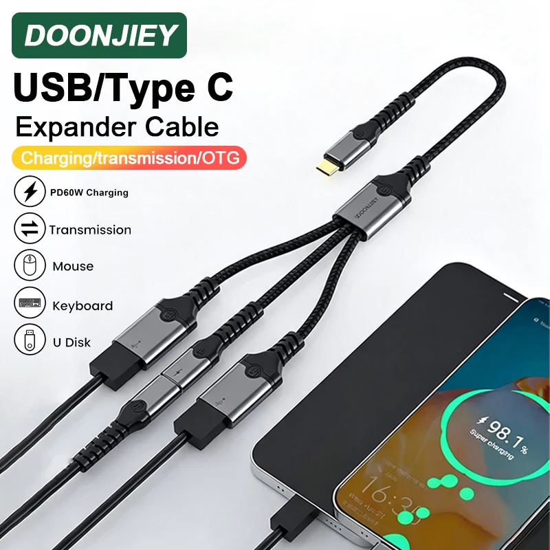 DOONJIEY 3 in 1 USB Type C Hub Extensions USB Splitter Cable PD60W Fast Charge Data Transfer OTG Adapter For Phone Tablet U Disk