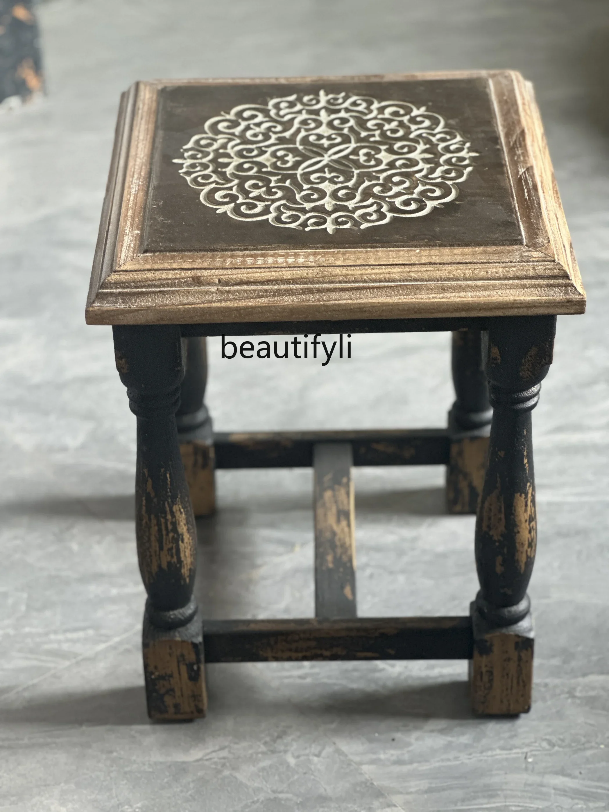 Retro solid wood carving flowers Western antique style small square table stool edge how many