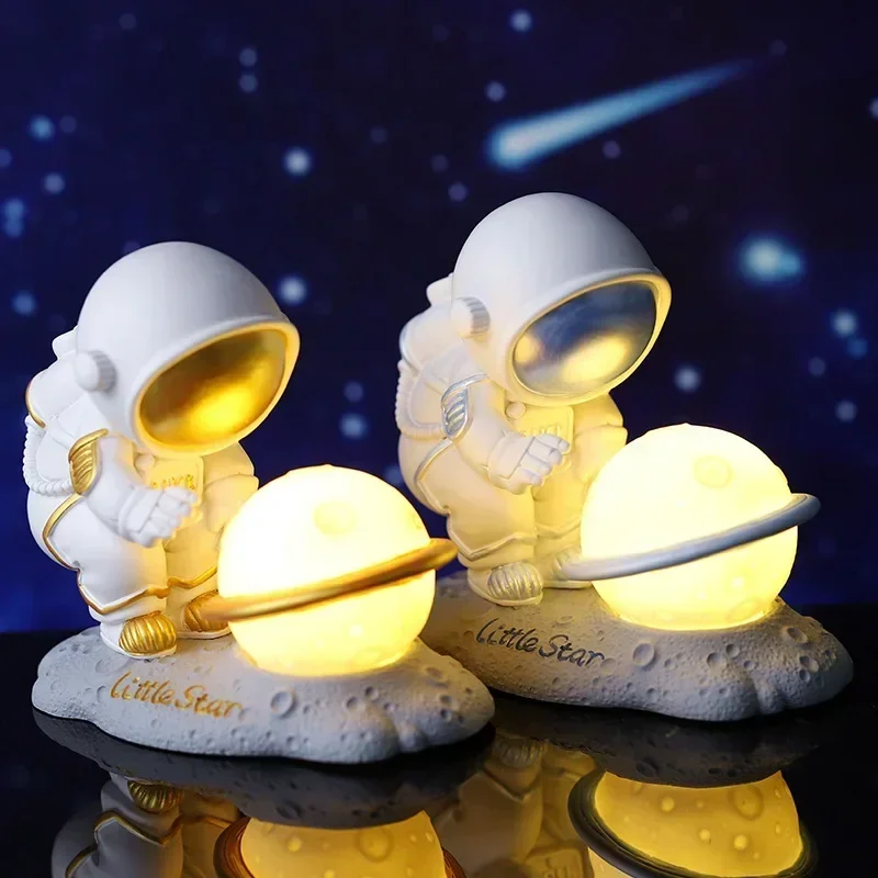 Astronaut Ornament Yellow Moon Ambient Light Office Wine Cooler Decorations Modern Astronaut Desktop Ornaments Modeling