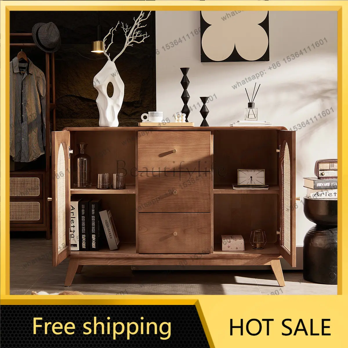 LD retro solid wood dining side cabinet small apartment living room simple rattan locker