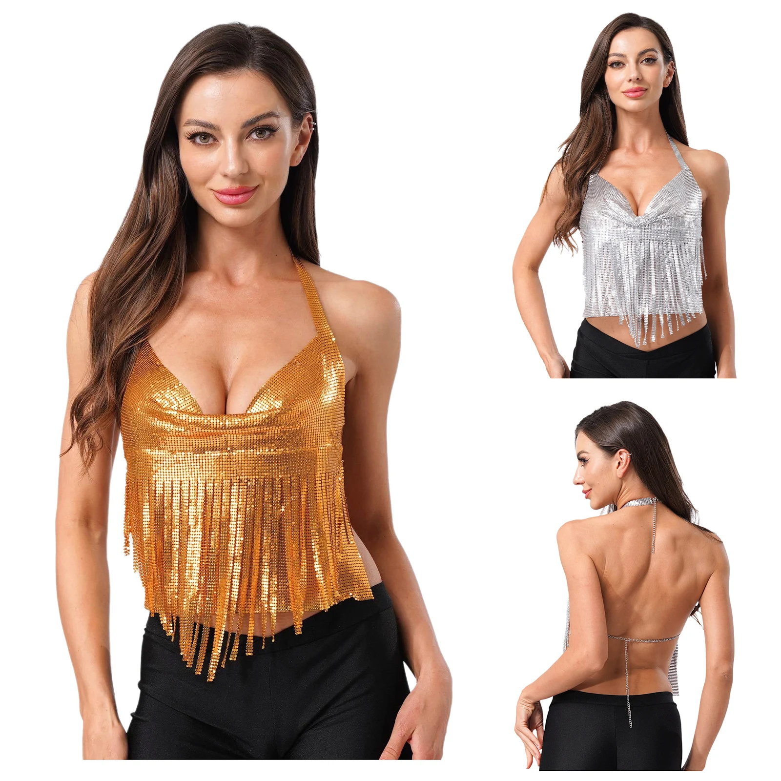 여성 패션 스팽글 캐미솔 핫 홀터 반짝 이는 메탈릭 Tassels 백 레스 크롭 탑 나이트 클럽 레이브 파티 뮤지컬 축제