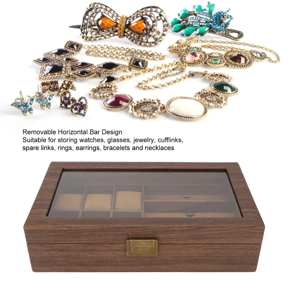 Wood Grain Watch Storage Box Multi Slot Soft Inner Lining Jewelry Organizer Box Metal Latch Transparent Glass Lid