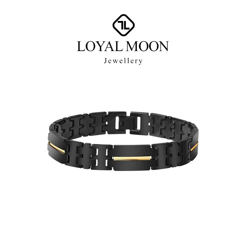 Loyal Moon Black Plated Tungsten Carbide For Men Chain Bracelets With Gold/ Rose Gold Ip Stripe 20cm Length Customized