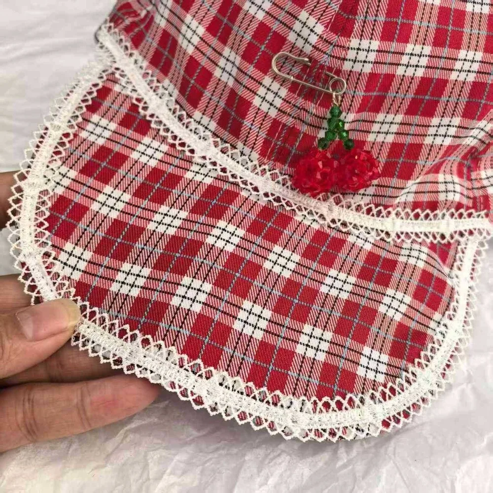 

Creative Sunscreen Cherry Pin Cap Cotton Sweet Red Plaid Hat Peaked Cute Lace Baseball Cap Boys