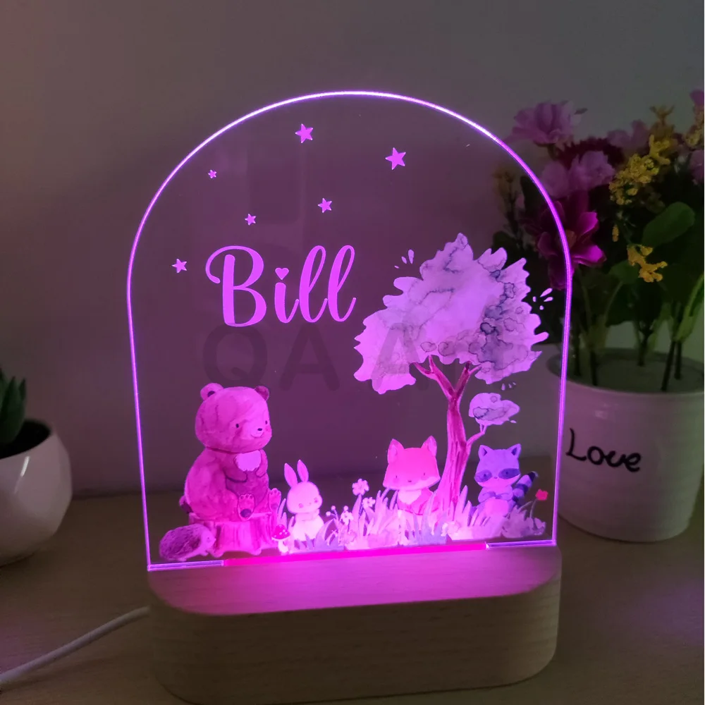 Personalizowana lampka nocna dla dzieci z motywem zwierząt, akrylowa lampka nocna z własnym imieniem, dekoracja do pokoju dziecięcego, prezent na urodziny, Boże Narodzenie dla noworodka