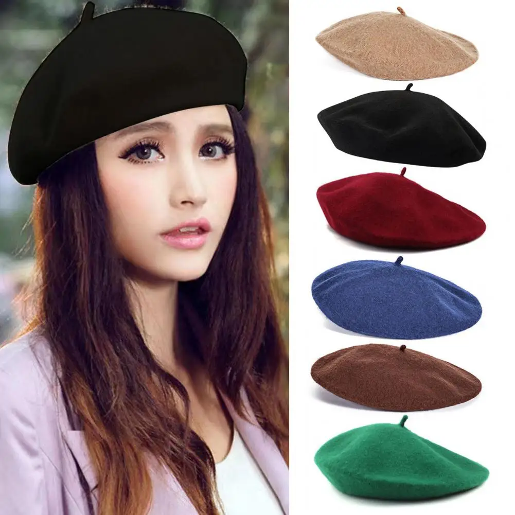 Women Beret Hat Solid Color Elastic Warm Soft Painter Hat Autumn Winter Travel Daily Wear Fashion Accessory