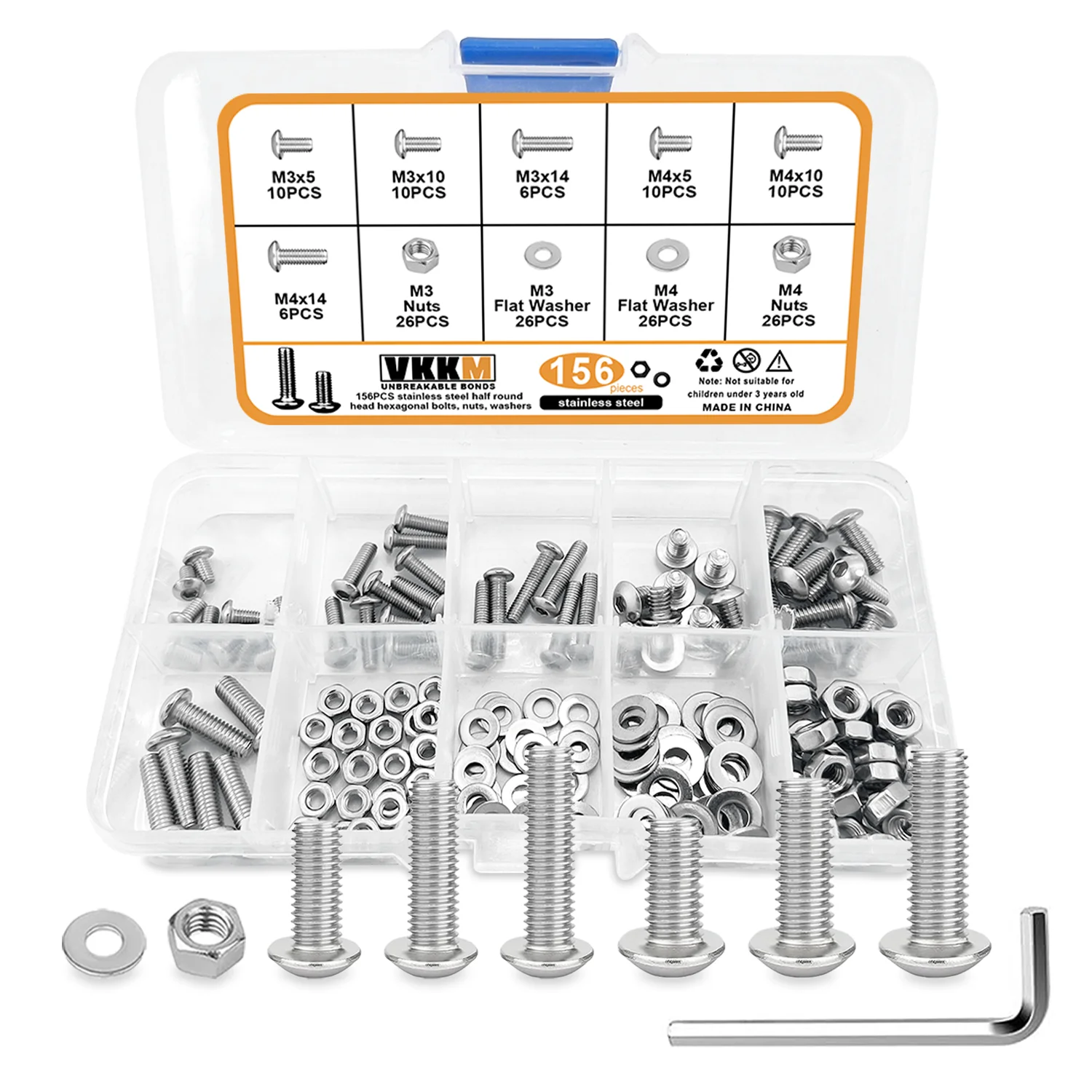 156pcs M3-M4 half round head hex bolts, M3-M4x (5/10/14mm) stainless steel bolts, nuts, and washers with hex wrench.