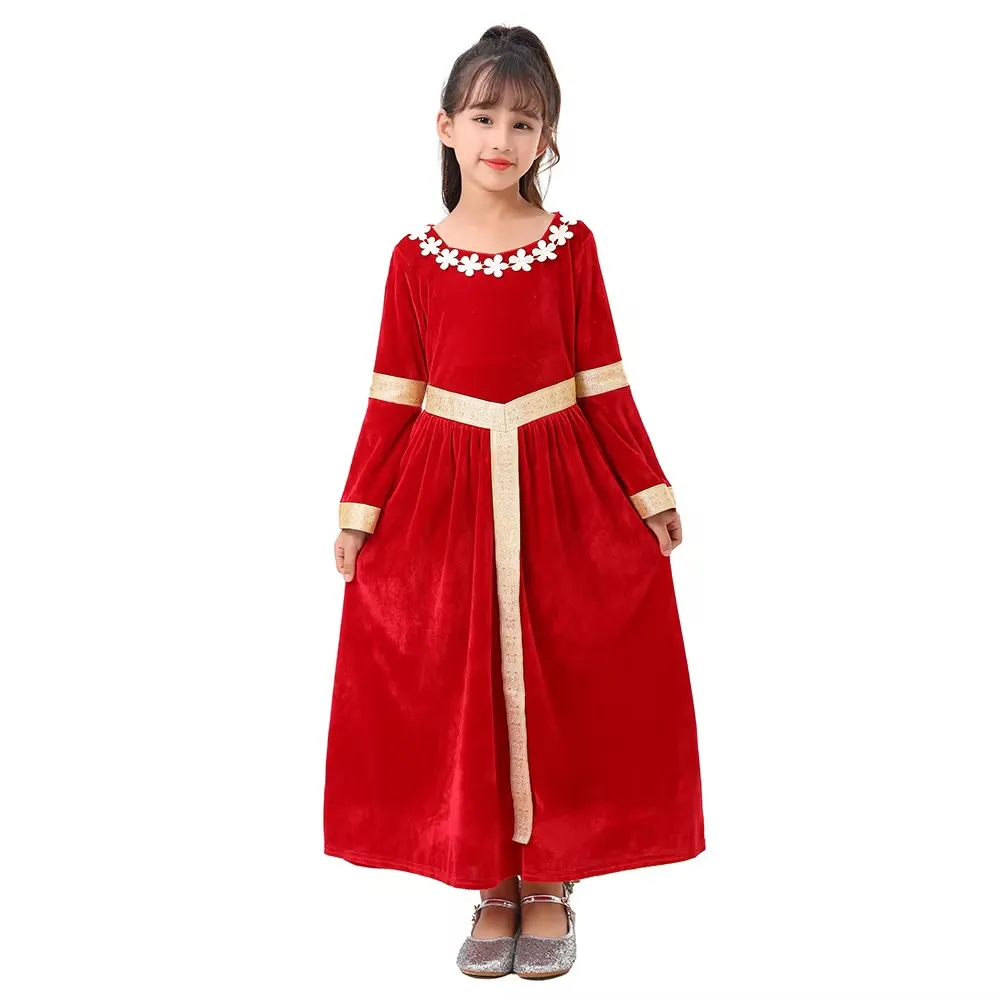 Child Girl Noble Medieval Renaissance Princess Costume Cosplay Red Velvet Kids Fancy Dress Halloween Carnival Party Fantasy