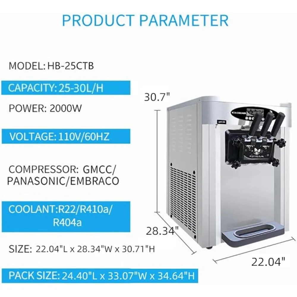 Commercial soft ice cream machine, 2000W production capacity of 6.6-7.9 gallons per hour, 2x6 liter hopper, 3 flavors, LCD panel