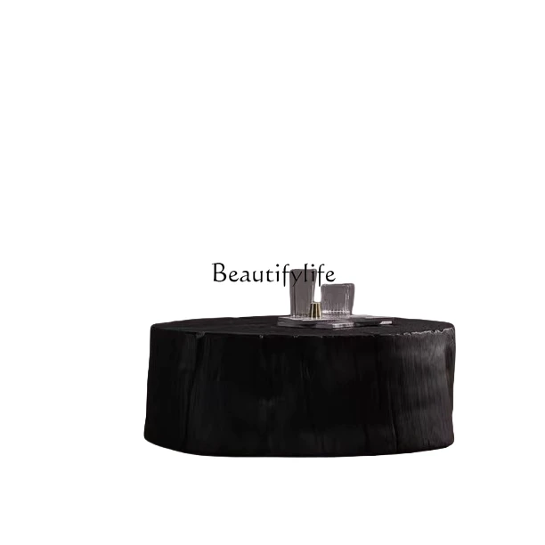 

*Nordic wabi-sabi wind log coffee table carbonized black natural edge wooden pile tea table bed and breakfast wooden pier